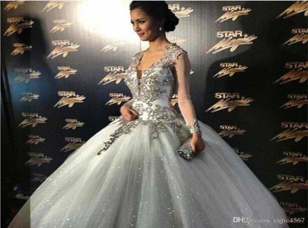 

2019 new arrival wedding ball gowns sheer long sleeves ball gown court train backless white tulle brides gown 20182410321