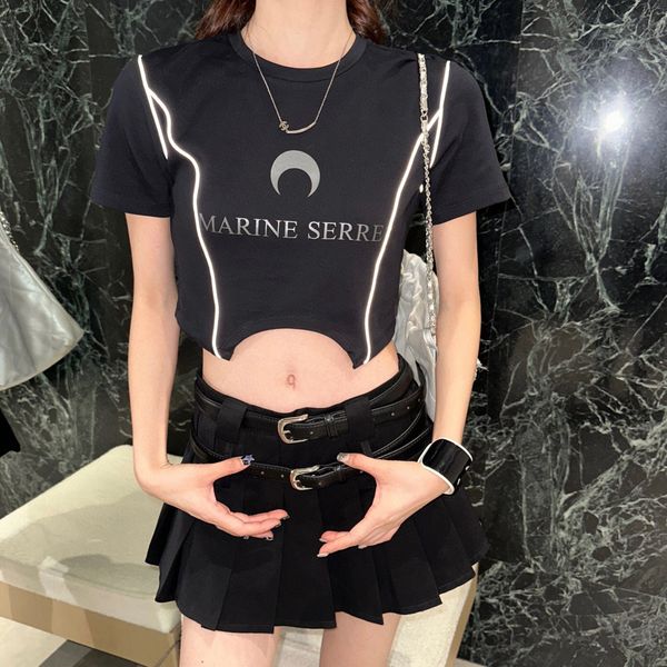 

high waist short sleeve o-neck fitted cropped t- shirt moon printed round neckline blouse women, White