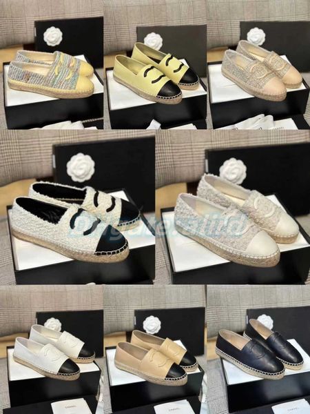 

luxury designer summer classic fashion women espadrilles loafers fisherman canvas flat shoe cotton tweed grosgrain leather designer shoe, Black