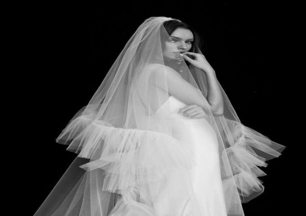 

bridal veils ueen v115 romantic wedding veil 2 layers cover face long veu bride 5 meters cathedral drop pure white9879239, Black