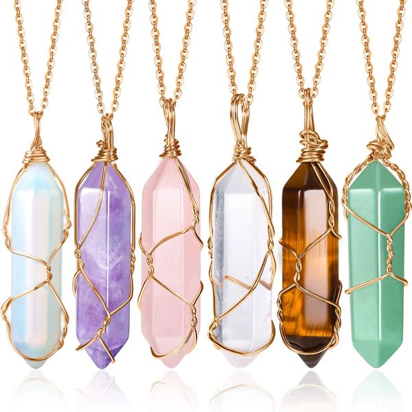 

pendant necklaces crystal for women girls healing stone quartz necklace wire wrapped hexagonal amzmm, Silver