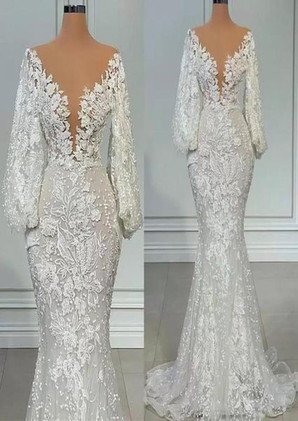 

2023 a line wedding dresses long sleeve sheer neck full lace floral beaded african trumpet fishtail beach aso ebi bridal gowns bc15779321, White