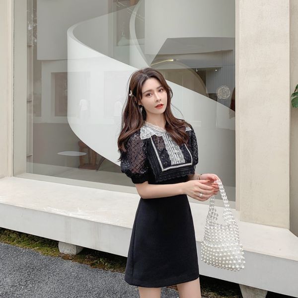 

auto self portrait diamond black contrast white mesh sequins lace lace lace tulle dress short skirt, Black;gray