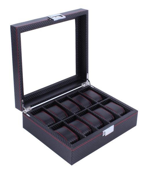 

10 grids carbon fibre pattern watch box watch holder organizer storage case jewelry display rectangle black color showcase gifts c6773116, Black;blue