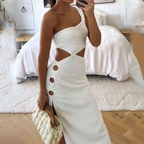 

casual dresses for women summer sweet and spicy style one-shoulder sleeveless leaky waist hollow slit solid color dress, Black;gray