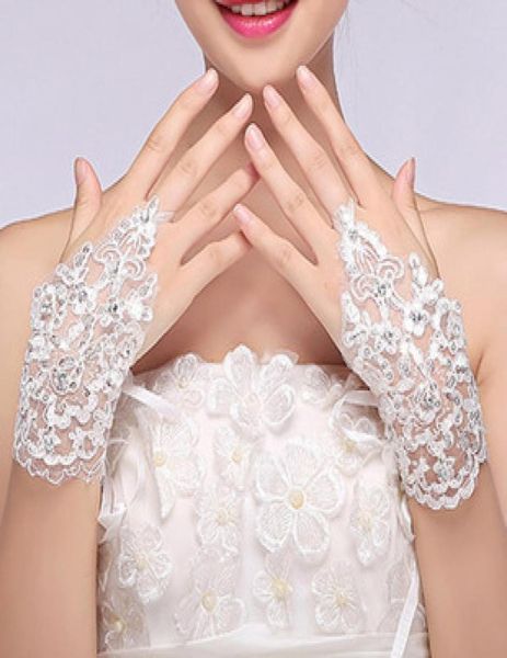 

new arrival in stock lace appliques beads fingerless wrist length with ribbon bridal gloves wedding accessories6532451, White