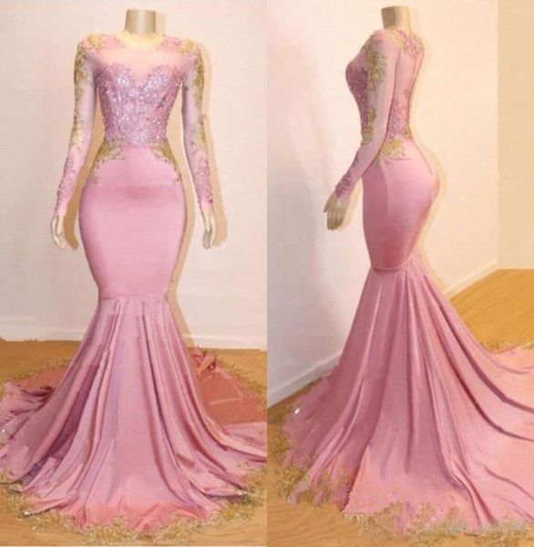 

new sheer long sleeves mermaid long prom dresses black girls gold lace applique sweep train formal party evening gowns4153702