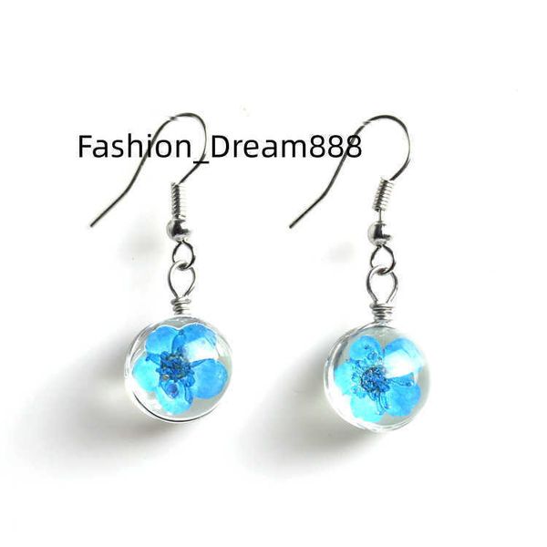 

transparent hook dangle enamel acrylic hangers blue resin real flower crystal pendant botanical piercing jewelry earrings, Silver