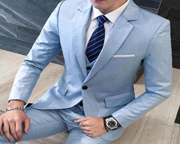 

light blue groomsmen suits groom tuxedos notch lapel men suits wedding bridegroom wear jacket pants vest tie4888351, Black;gray