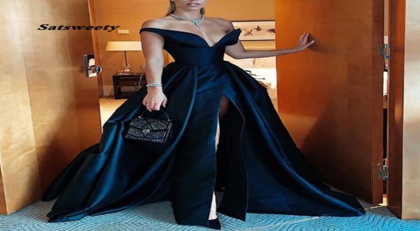 

off the shoulder satin prom dresses long side slit vneck vestidos de gala abiye gece elbisesi black formal gowns1228710