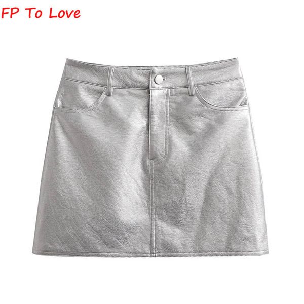 

skirts fp to love french silver pu mini skirts metallic high waist hip skirt chic retro short a-line metal 230628, Black