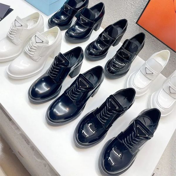 

classic black lace up dress shoes leather designer thick heel high heels cowhide tassels round head metal button women high heeled boat shoe