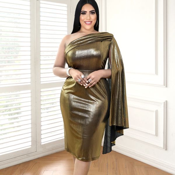 

plus size dresses size women party dress one shoulder gold elegant pretty cloth female luxury midi gown 2023 summer evening in 230627, Black