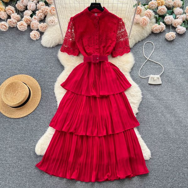 

new chinese style retro hollowed out lace patchwork shirt skirt summer new niche design feeling fluffy waistband dress, Black;gray