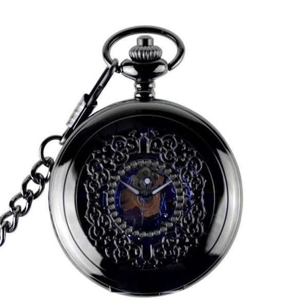 

pocket watches antique skeleton blue roman numerals dial black case mechanical hand wind long fob chain clock men watchpocket1277648, Slivery;golden
