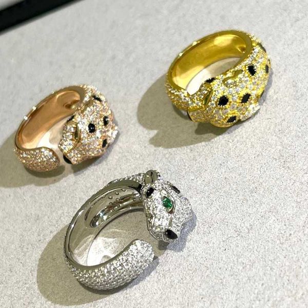 

counter quality full diamond spotted leopard head open ring s925 silver 18k thick gold couple for men and women with high precision edition