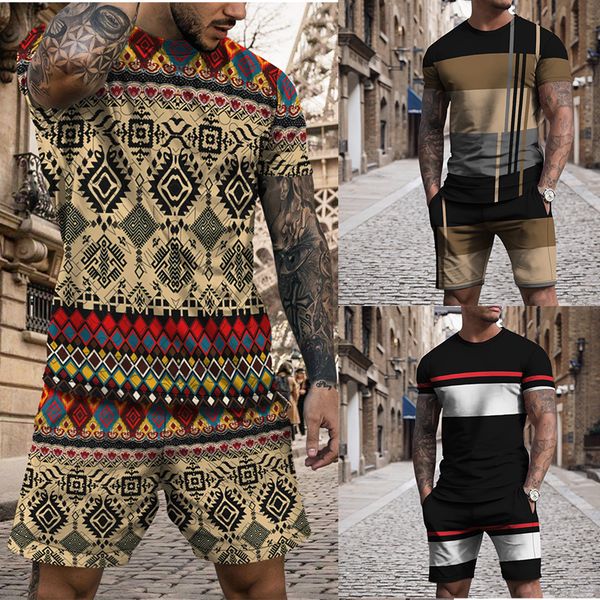 

mens tracksuits summer men tracksuit fashion bohemian style tshirts shorts 2 pieces sports suit casual trendy male oversized outdoor outfit, Gray