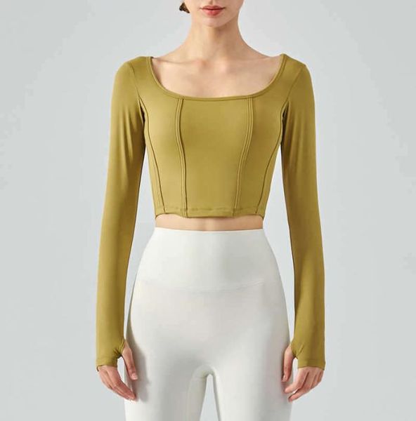 

fish bone tangent square neck yoga long sleeve female slim sports shirt fitness gym clothes3256681, White;red