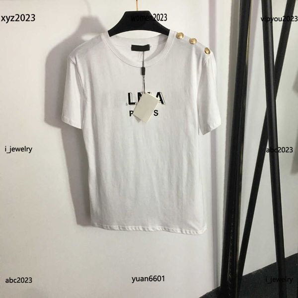 

fashion girl tees stamped letter printing woman t-shirt gold button decoration short sleeve t shirt #multiple product, White