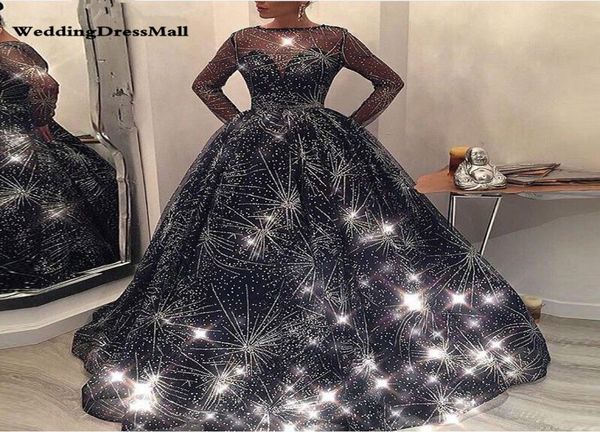 

long sleeve ball gown evening dress bling bling navy blue kaftan dubai formal arabic gown robe de bal longue6796370, Black;red