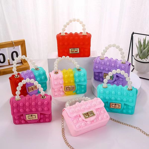 

silicone pop toy bag pearl handle handbags chain messenger small change storage bags, Black