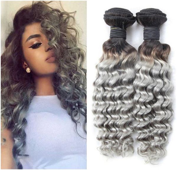 

virgin peruvian human hair 1bgrey 2tone ombre weaves deep wave wavy virgin hair wefts extensions 3pcs ombre silver grey human hai9326231, Black