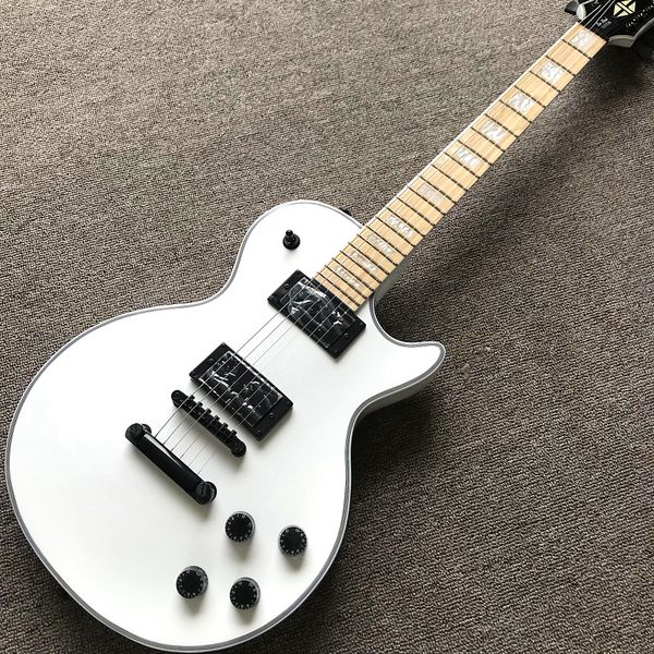 

custom shop, caston white electric guitar, maple fingerboard, black hardware, ing