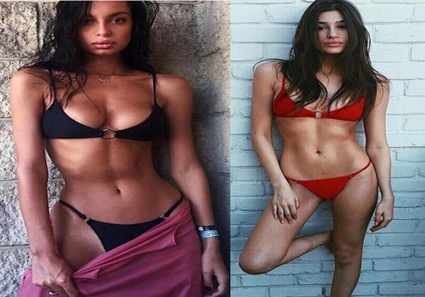 

2018 new arrival female metal ring twopieces bikini suits black red two colors padded women swimwears wireless beach biquini9234207