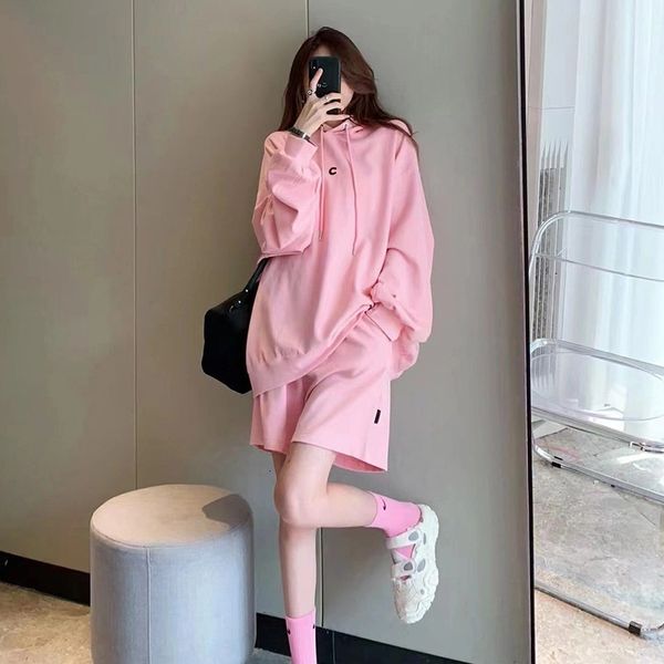 

two piece dress summer streetwear womens pink outfits sets long sleeve hooded sweatshirt and shorts suit casual 2 set tracksuit 230627, White
