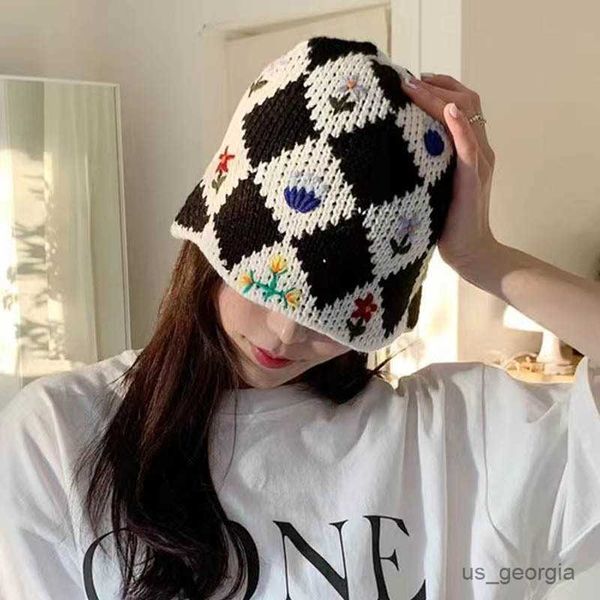

caps crochet knitted flower plaid fisherman beanie hat female spring autumn thin bucket hat cute basin hat r230628, Blue;gray