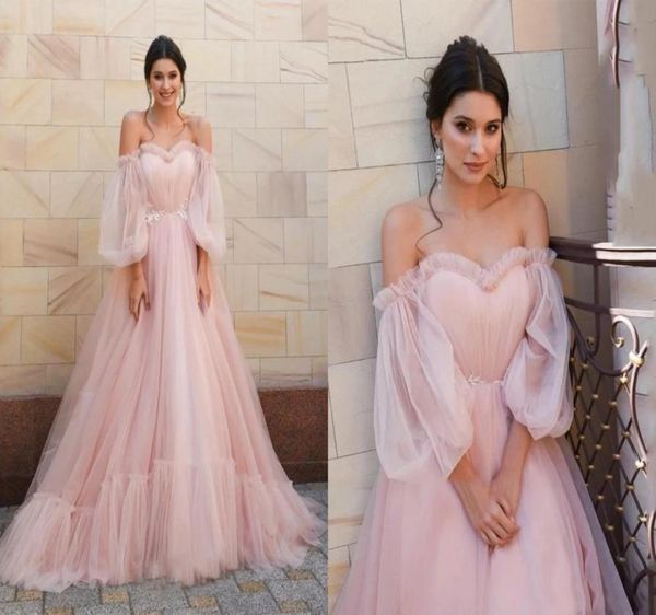 

romantic blush pink puffy sleeves prom formal dresses evening gowns off the shoulder detachable sleeve pleated a line tulle brides8807719, Black