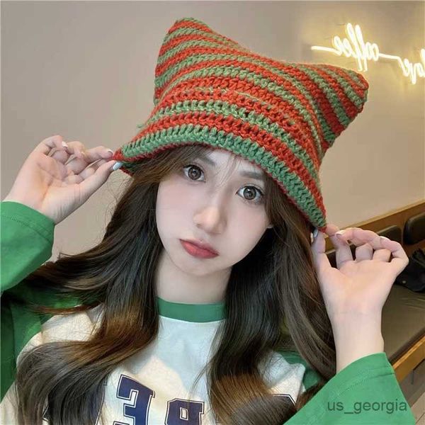 

caps little striped knitted hat big head women cute ears beanie hats outdoor cover warm men casual cap r230628, Blue;gray