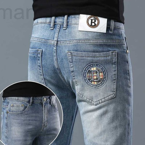 

men's jeans designer 2023 spring fashion brand blue slim fit casual elastic small straight leg pants qjvd