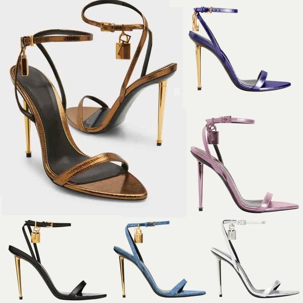 

summer luxury brands lock heels sandals woman high heels sandal sandal nude shiny leather padlock pointy toe naked 100mm ankle strap with bo, Black