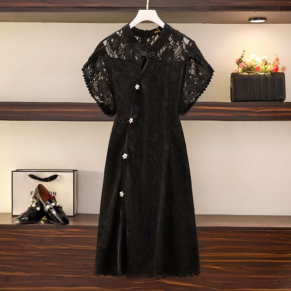 

plus size dresses 150kg size women's summer highend cheongsam bust 150cm loose chinese style retro dress black 5xl 6xl 7xl 8xl 9xl 2306