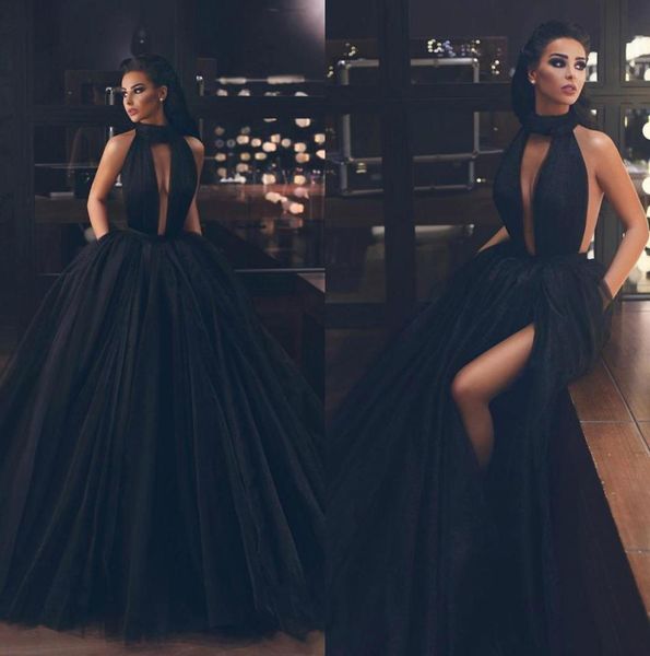 

2019 black ball gown side split evening dresses deep v neck backless prom gown tulle sweep train formal dress6781217, Black;red
