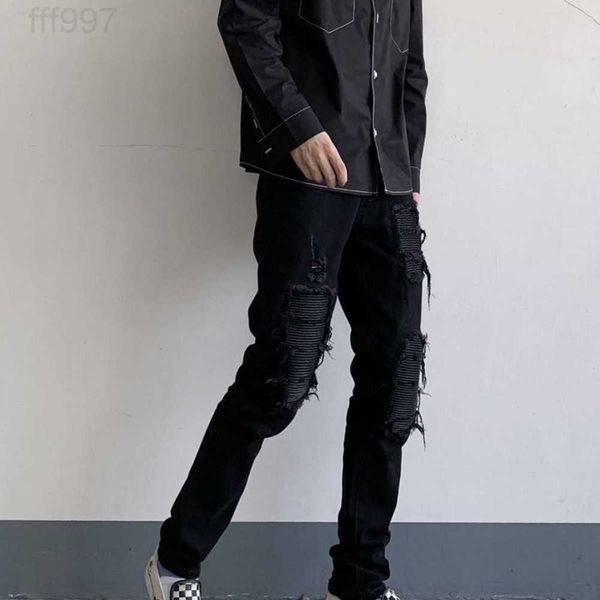 

men's jeans amirs designer fashion pants cool stylish leisure ripped brand high street black patchwork leather washed hole slimming tro, Blue
