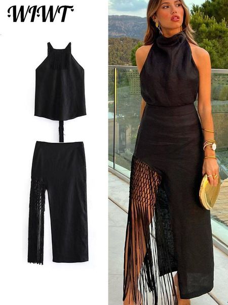 

two piece dres black tassel skirts sets 2023 causal sleeveless backless oneck female suit summer side zipper midcalf set 230627, White