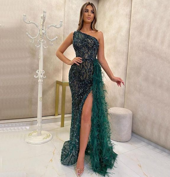 

green one shouder split mermaid evening dresses beading feathers for women party gowns7064073, Black;red
