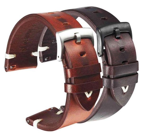 

leather watchband black dark brown oil wax leather watch strap italian 18mm 20mm 22mm quick release watch belt cowhide handmade h11786681, Black;brown