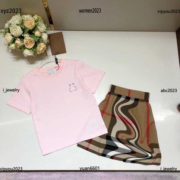 

luxury tracksuits kids clothes child sets baby summer girl dress 2pcs solid color t-shirt and plaid a-line skirt #multiple product, White