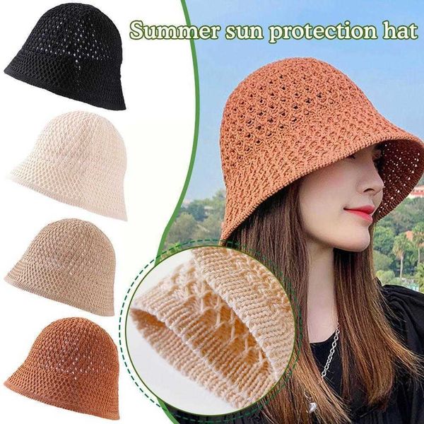 

caps summer sun hat crochet floppy collapsible dome bucket hat hollow pure color simplicity soft beach caps for women onesize r230628, Blue;gray
