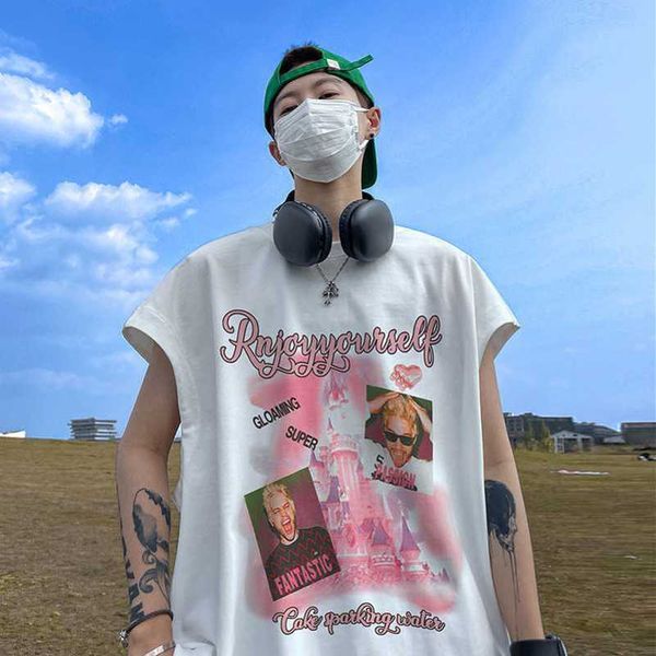 

short sleeved t-shirt for men's summer hip-hop trendy brand sleeveless vest american loose fitting casual half sleeved t-shirt, White;black