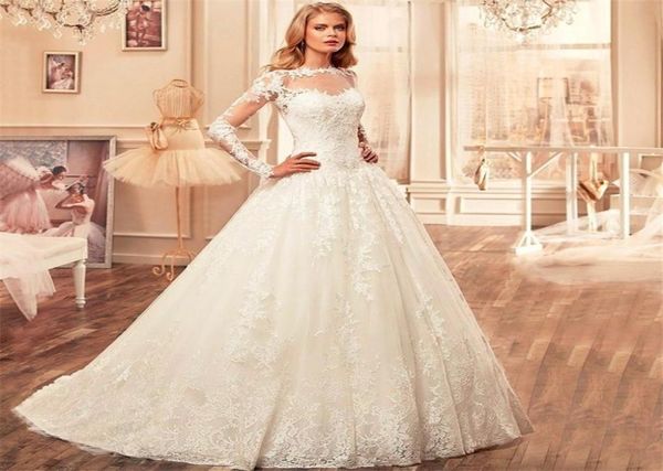 

scoop long sleeve lace applique wedding dresses a line sheer back bridal gowns 2019 vestido de noiva princesa9998934, White