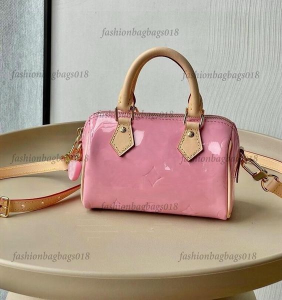 

nano speedy m81879 mini boston bag mochi pink patent leather shoulder bag valentine's day womens designer handbag heart shaped charm pu