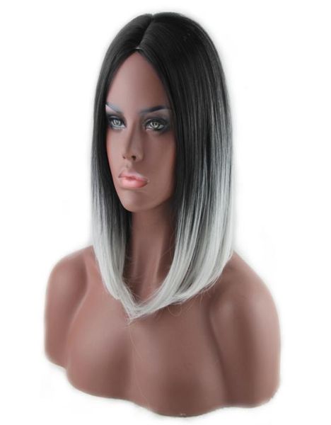 

woodfestival short straight wig black grey ombre carve hair wigs for women heat resistant fiber cosplay 35cm6557897