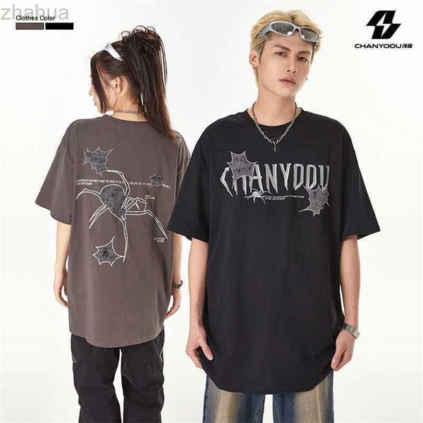 

light yao men's wear | american street spider embroidery short sleeve t-shirt men's and women's fashion oversize half sleeve, White;black