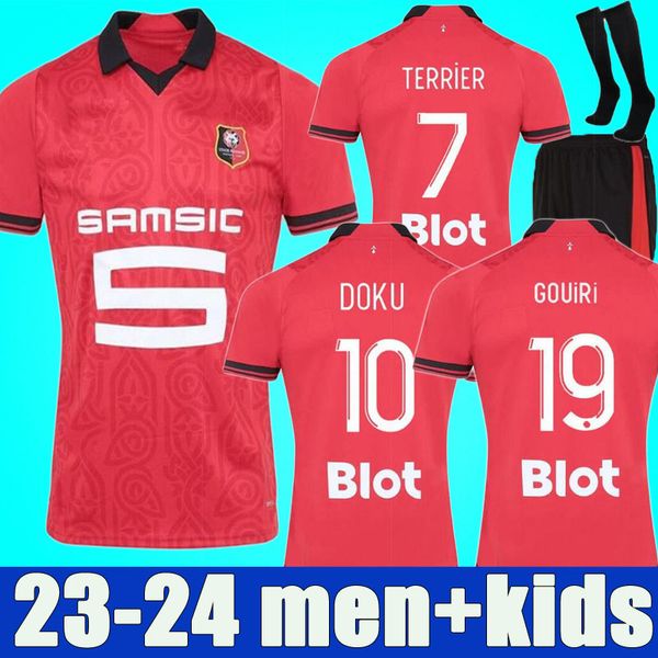 

23 24 stade rennais soccer jerseys rennes 2023 2024 fans palyer sulemana bourigeaud terrier doku laborde santamaria men kids kit maillot de, Black;yellow
