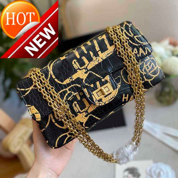 

women's brand designers shoulder bags fashion alligator graffiti pattern oblique envelope bag gold metal chain painted crossbody bagfac