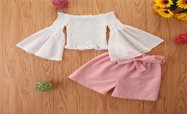 

summer kids baby girls suit set off shoulder long sleeve yellow shorts waistband set clothes 16 years6278067, White